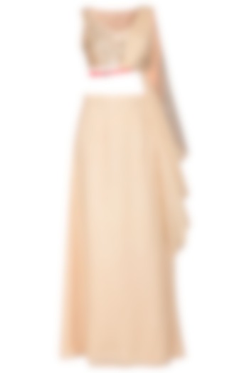 Peach embroidered drape blouse with skirt by Ruceru Couture
