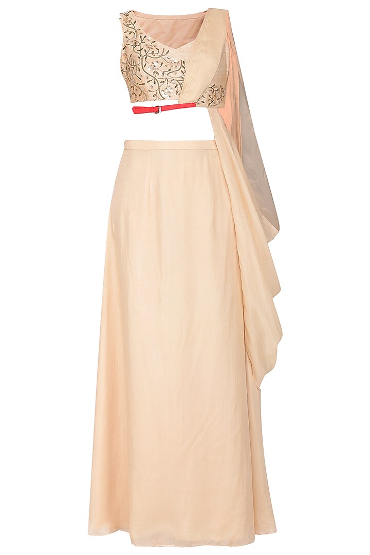Peach embroidered drape blouse with skirt by Ruceru Couture