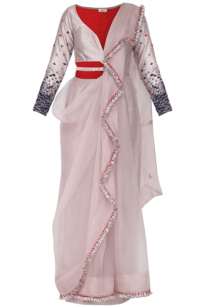 Victorian grey predraped saree set by Ruceru Couture