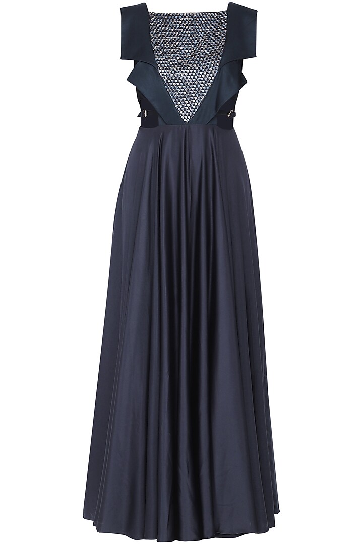 Navy blue embroidered gown by Ruceru Couture
