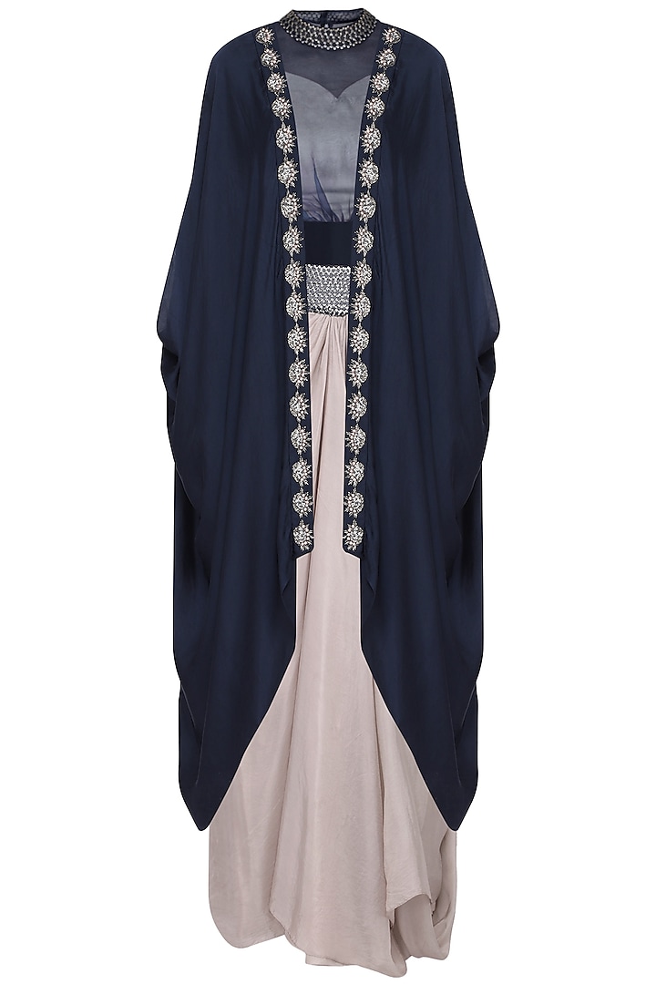 Navy blue draped cape with blouse and skirt by Ruceru Couture