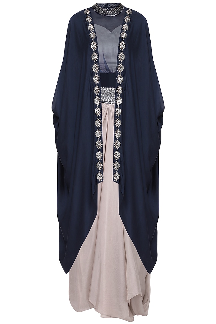 Navy blue draped cape with blouse and skirt available only at Pernia's Pop Up Shop.
