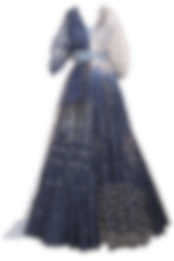 Navy blue embroidered top and lehenga skirt by Ruceru Couture