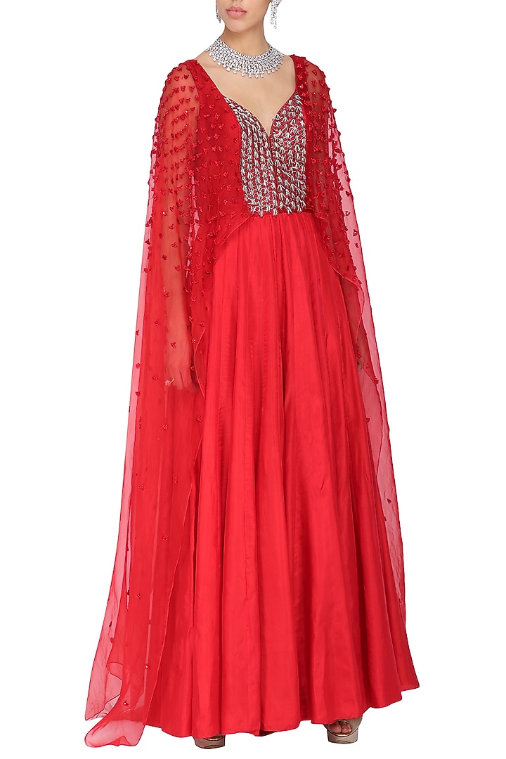 Crimson red embroidered drape jumpsuit available only at Pernia's Pop Up Shop.
