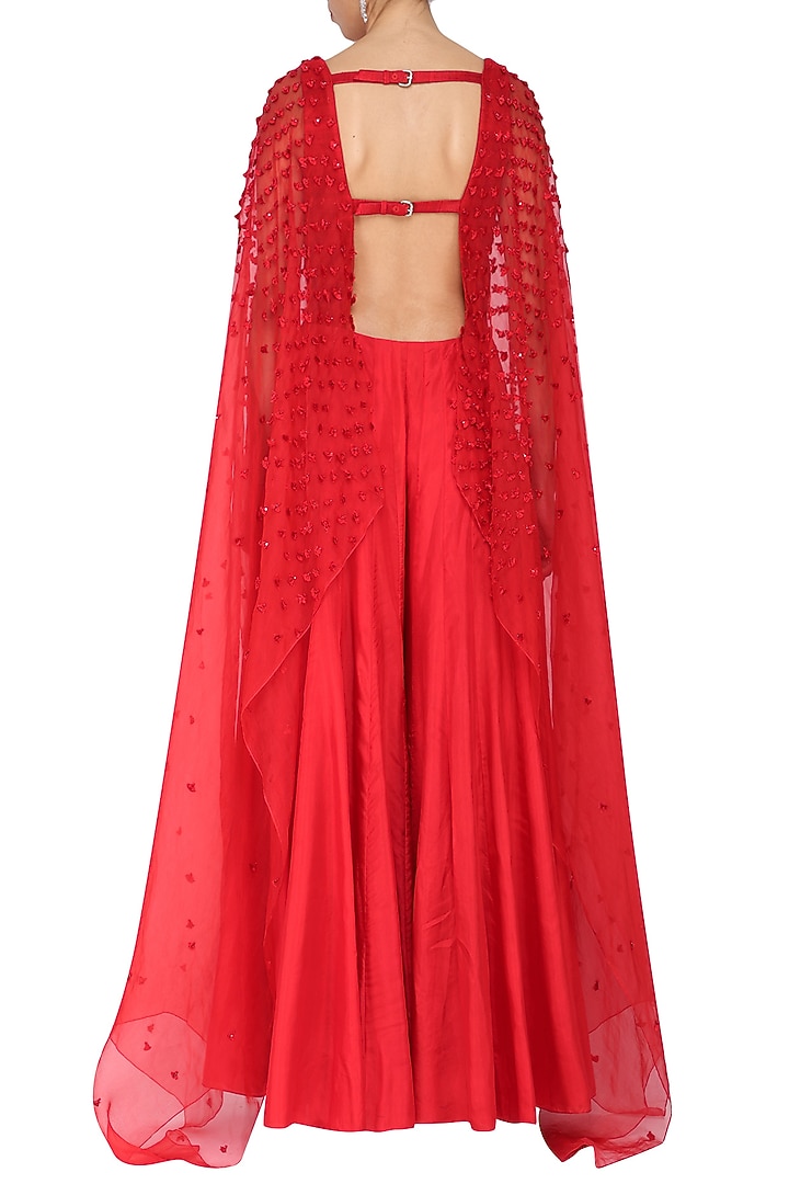 Crimson red embroidered drape jumpsuit available only at Pernia's Pop Up Shop.