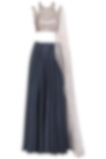 Navy blue crop top with skirt by Ruceru Couture