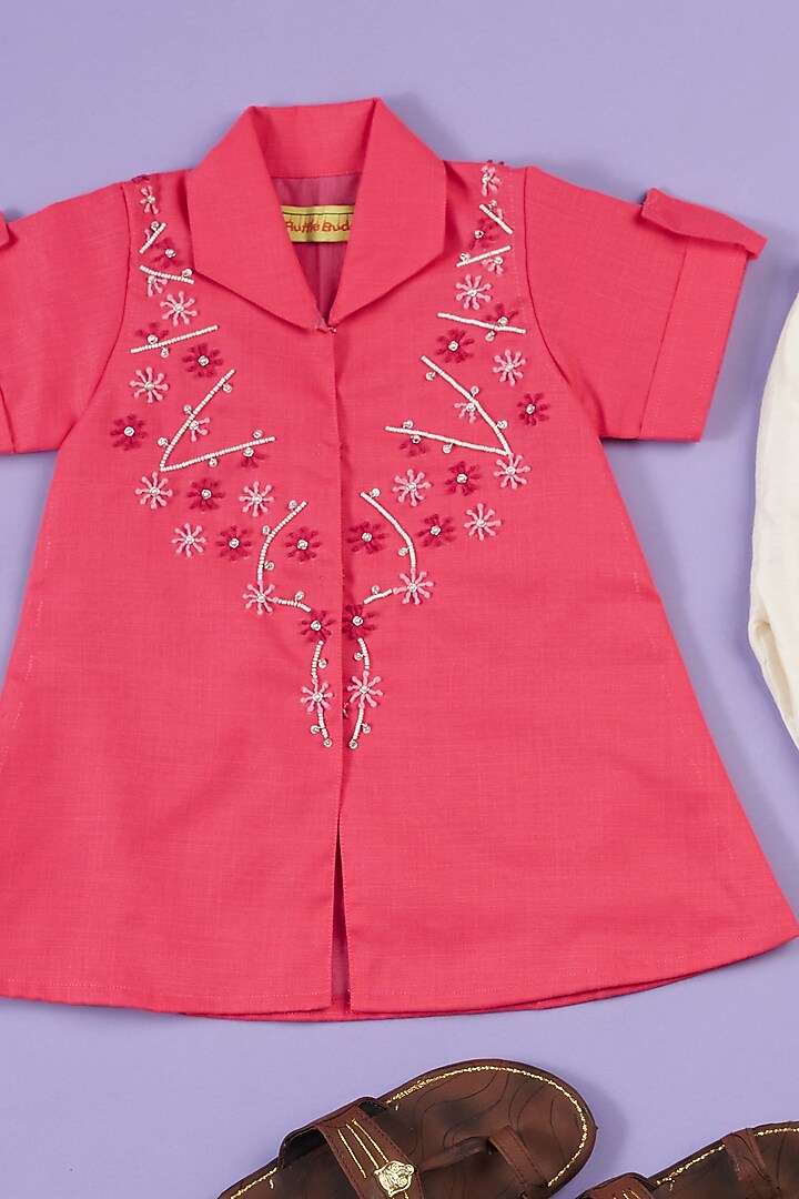 Pink Linen Embroidered Kurta Set For Girls by Ruffle Buds at Pernia's Pop Up Shop