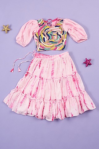 Pink Cotton Skirt Set For Girls by Ruffle Buds