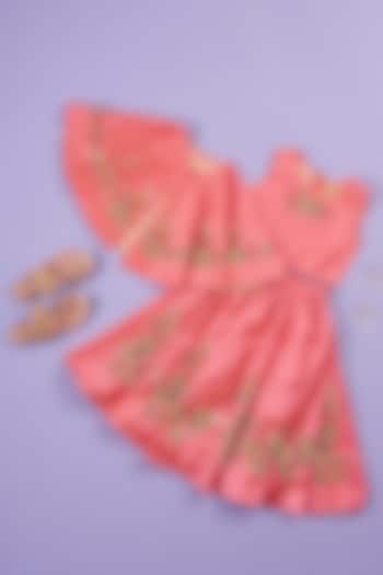 Peach Silk Embroidered Skirt Set For Girls by Ruffle Buds