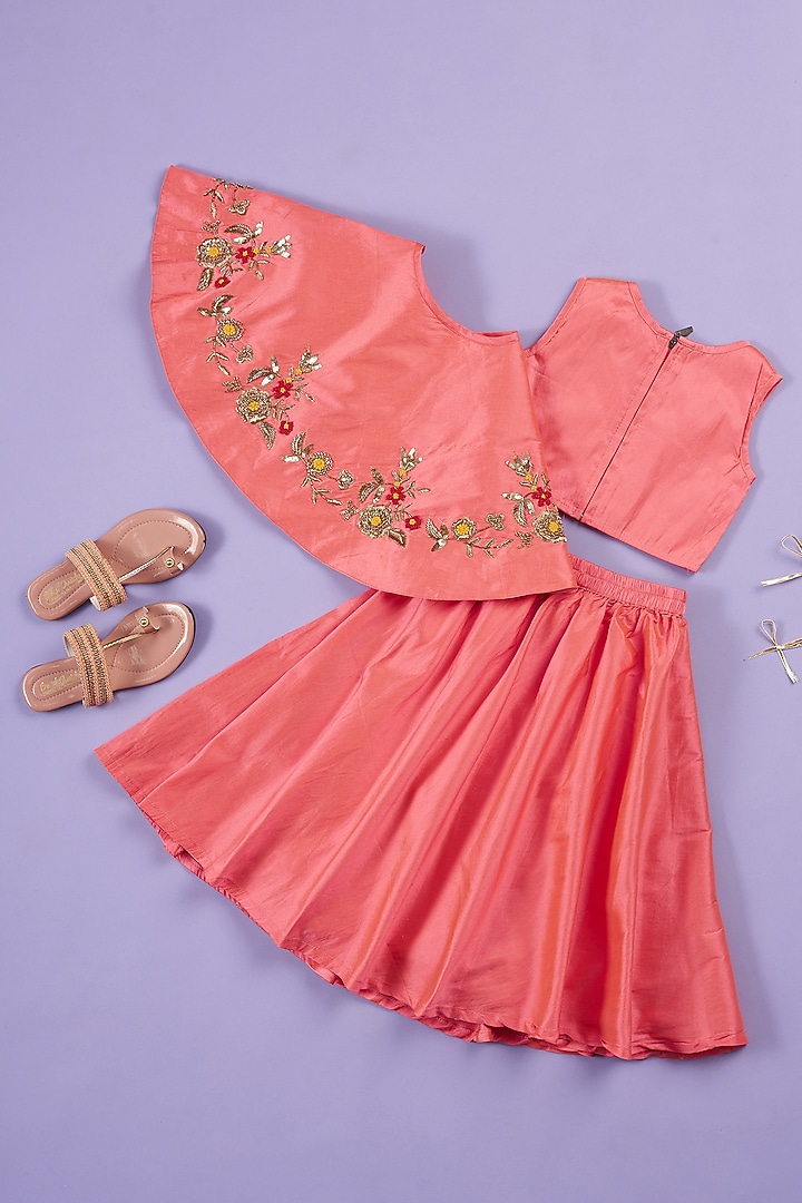 Peach Silk Embroidered Skirt Set For Girls by Ruffle Buds at Pernia's Pop Up Shop