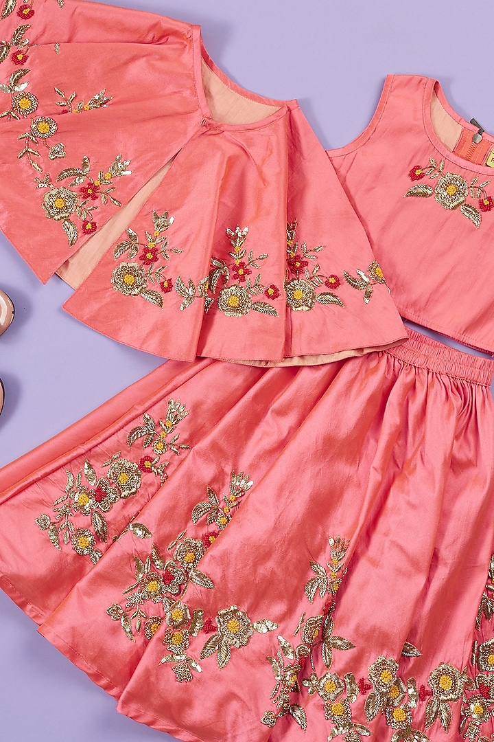 Peach Silk Embroidered Skirt Set For Girls by Ruffle Buds at Pernia's Pop Up Shop