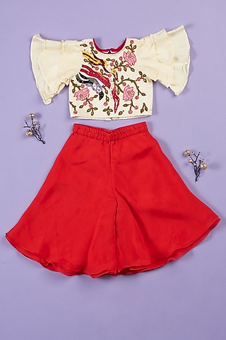 Red Organza Palazzo Pant Set For Girls by Ruffle Buds