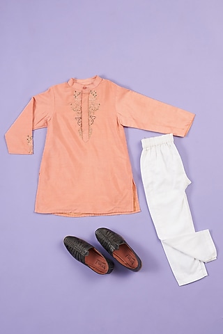 Peach Silk Embroidered Kurta Set For Boys by Ruffle Buds