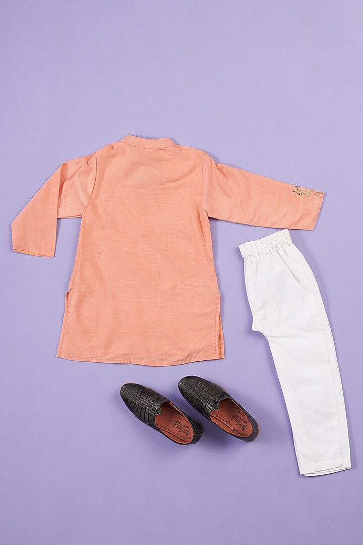 Peach Silk Embroidered Kurta Set For Boys by Ruffle Buds at Pernia's Pop Up Shop