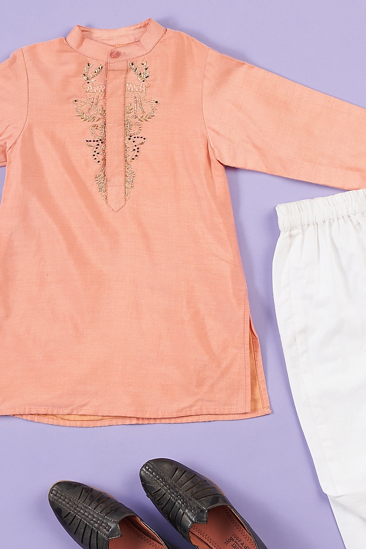 Peach Silk Embroidered Kurta Set For Boys by Ruffle Buds at Pernia's Pop Up Shop
