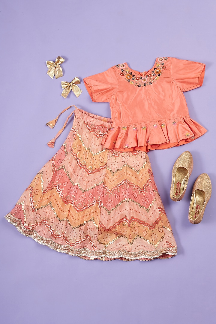 Peach Silk Digital Printed Skirt Set For Girls by Ruffle Buds