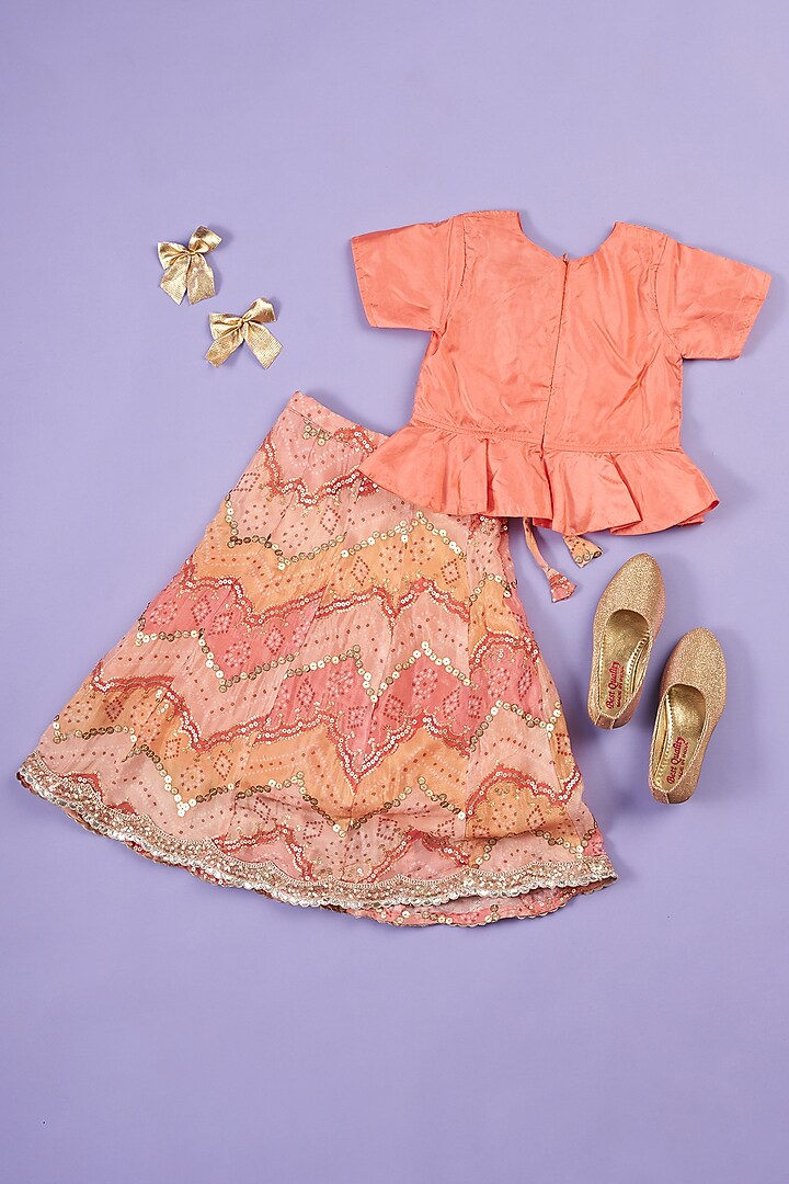 Peach Silk Digital Printed Skirt Set For Girls by Ruffle Buds at Pernia's Pop Up Shop