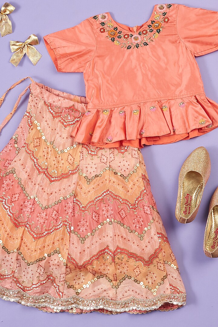 Peach Silk Digital Printed Skirt Set For Girls by Ruffle Buds at Pernia's Pop Up Shop