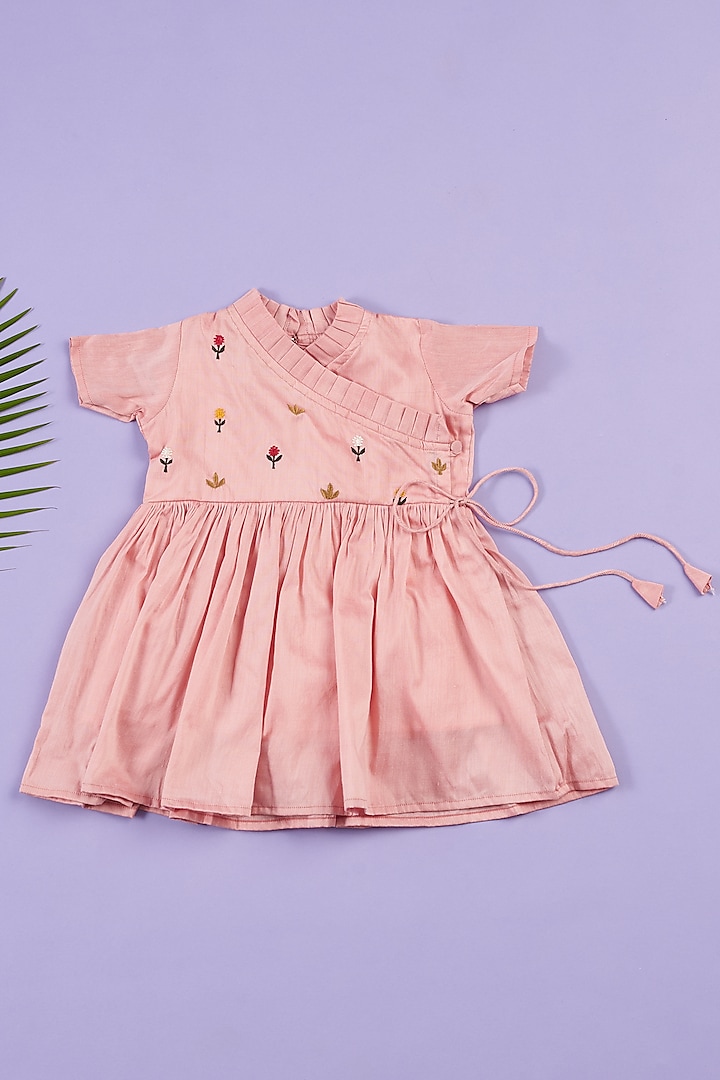 Pink Silk Embroidered Frock For Girls by Ruffle Buds