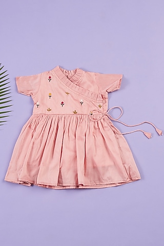 Pink Silk Embroidered Frock For Girls by Ruffle Buds