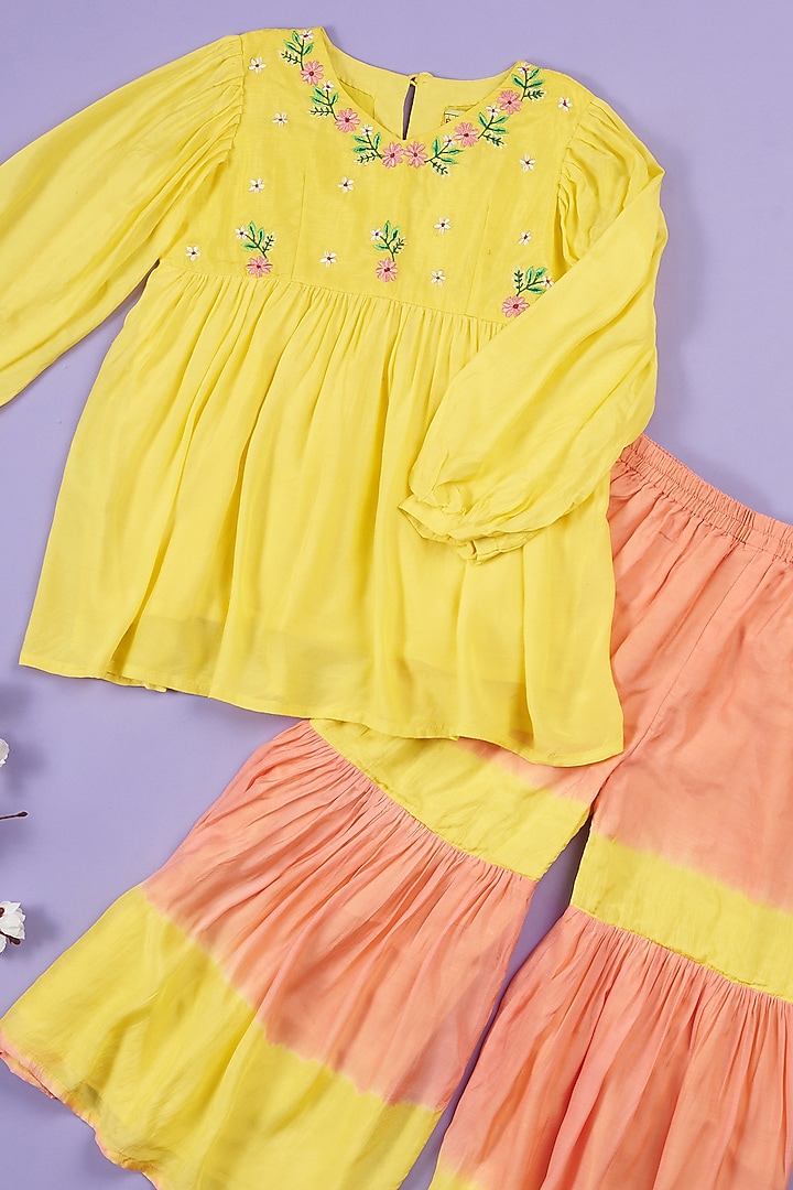 Yellow Muslin Sharara Set For Girls by Ruffle Buds at Pernia's Pop Up Shop