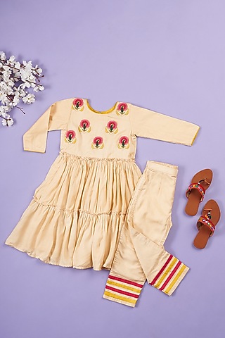 White Butter Cotton Embroidered Kurta Set For Girls by Ruffle Buds
