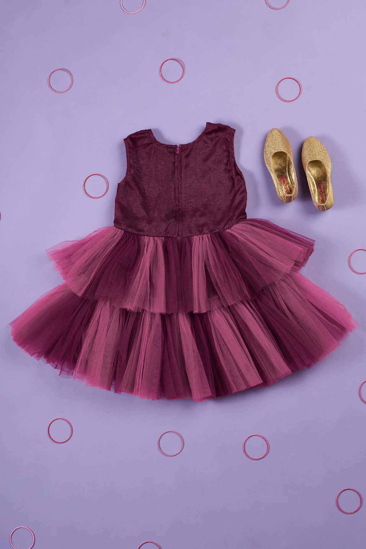 Plum Purple Net Designer Gown With Frill Flower Detailing | Simple dress  for girl, Kids gown, Kids frocks design