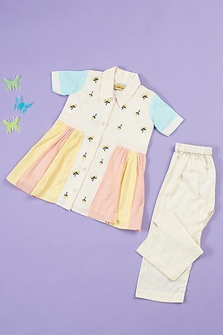 Multi-Colored Linen Embroidered Kurta Set For Girls by Ruffle Buds