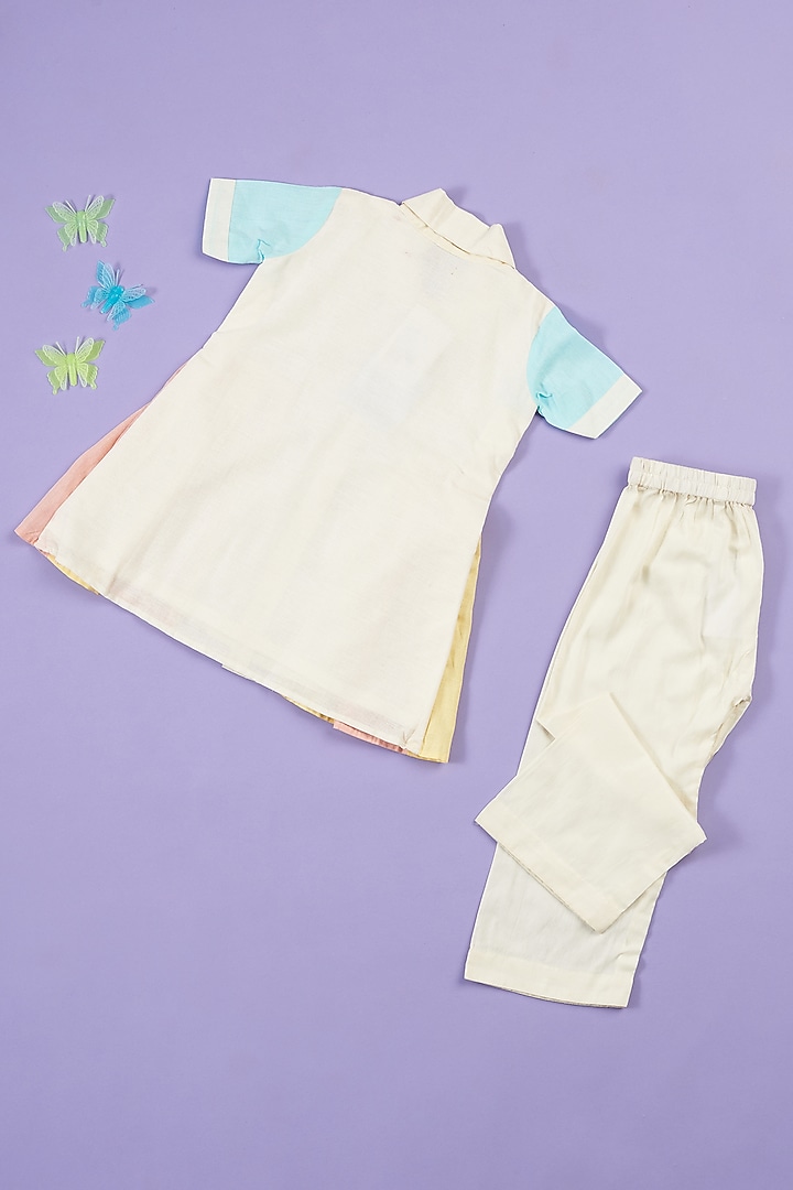 Multi-Colored Linen Embroidered Kurta Set For Girls by Ruffle Buds at Pernia's Pop Up Shop