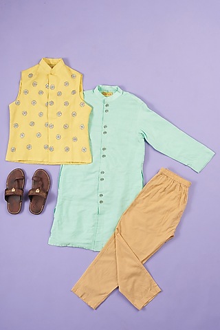 Yellow Silk Embroidered Jacket With Kurta for Boys by Ruffle Buds