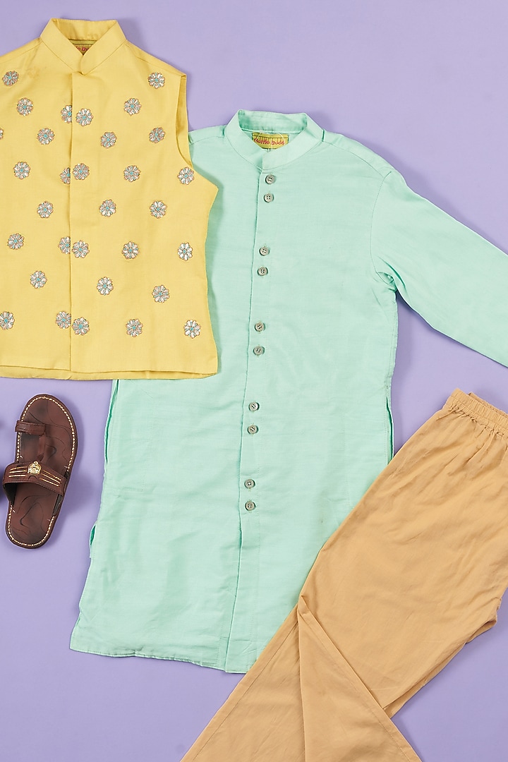 Yellow Silk Embroidered Jacket With Kurta for Boys by Ruffle Buds at Pernia's Pop Up Shop