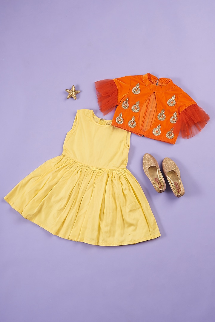 Yellow Butter Cotton Frock With Jacket For Girls by Ruffle Buds