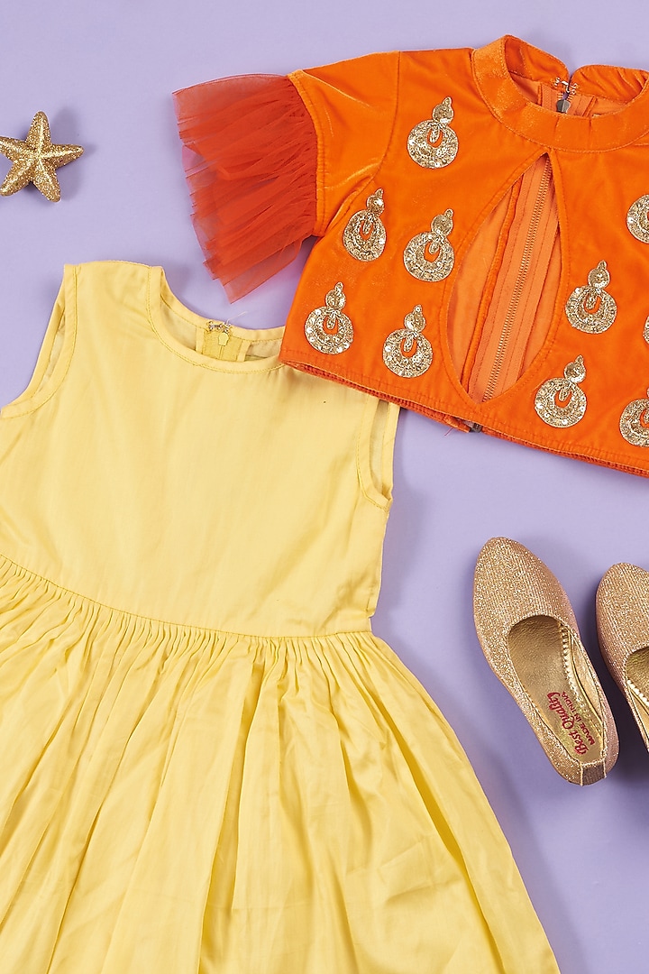 Yellow Butter Cotton Frock With Jacket For Girls by Ruffle Buds at Pernia's Pop Up Shop