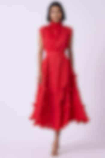 Red Polyester Midi Summer Dress by Scarlet Sage at Pernia's Pop Up Shop