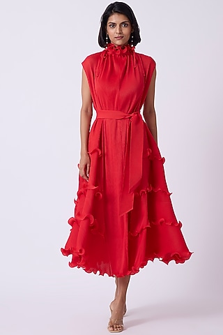 Red Polyester Midi Dress by Scarlet Sage