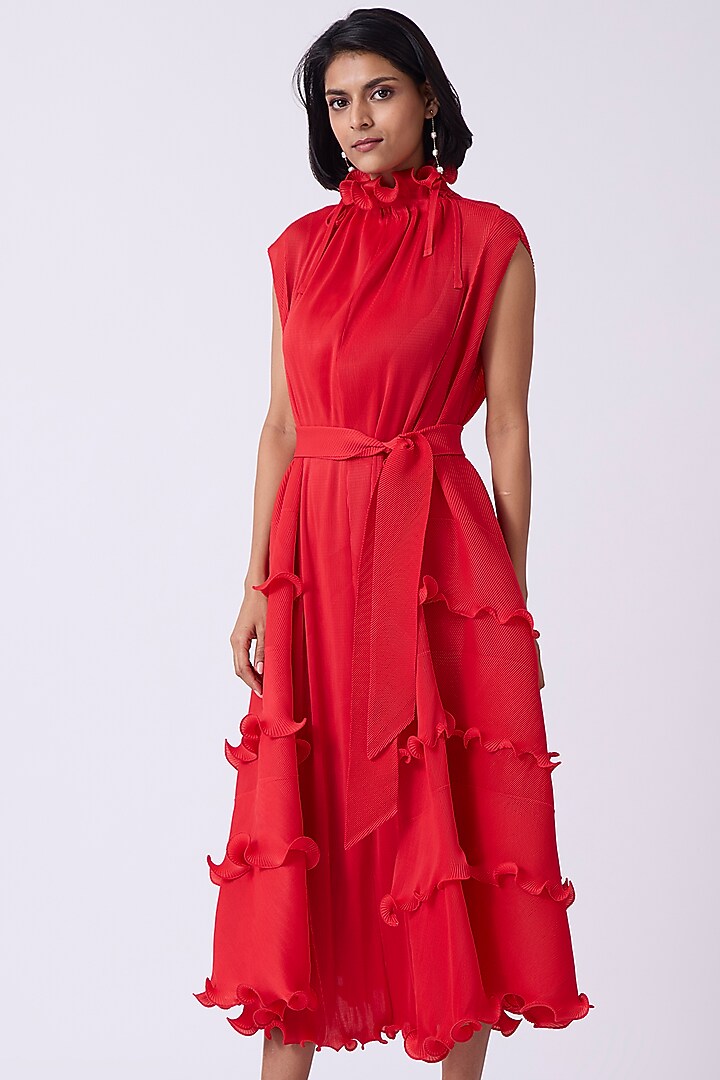 Red Polyester Midi Summer Dress by Scarlet Sage at Pernia's Pop Up Shop