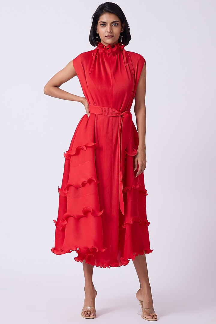 Red Polyester Midi Summer Dress by Scarlet Sage at Pernia's Pop Up Shop