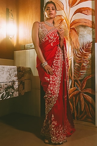 Red Pure Silk Badla & Zardosi Hand Embroidered Saree Set by Mrunalini Rao