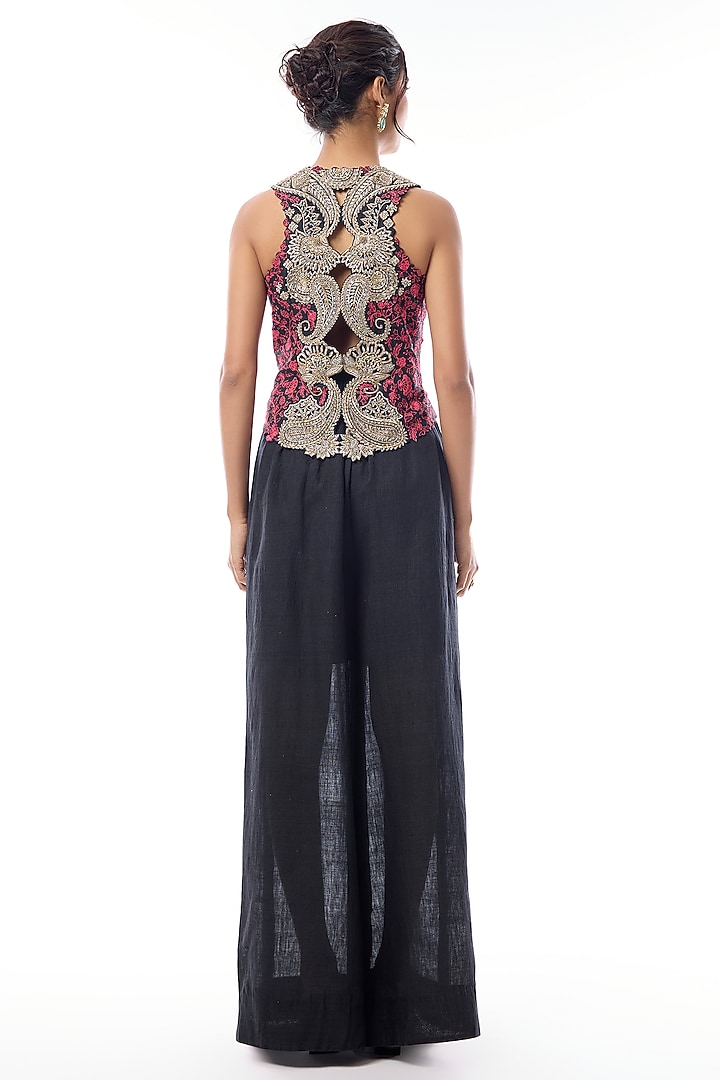 Black Raw Silk Zardosi Embroidered Waistcoat Set by Mrunalini Rao at Pernia's Pop Up Shop