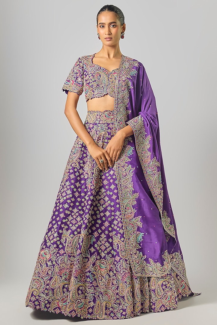 Purple Pure Silk Resham & Zardosi Embroidered Bridal Lehenga Set by Mrunalini Rao at Pernia's Pop Up Shop