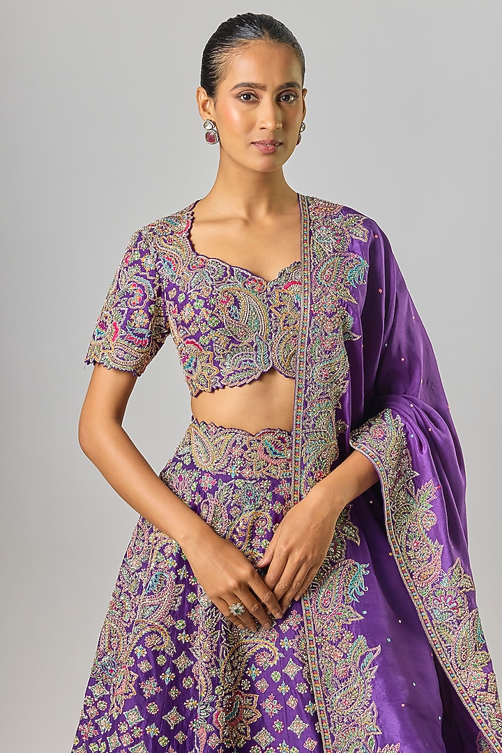 Purple Pure Silk Resham & Zardosi Embroidered Bridal Lehenga Set by Mrunalini Rao at Pernia's Pop Up Shop