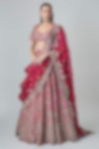 Red Raw Silk Zardosi Embroidered Bridal Lehenga Set by Mrunalini Rao at Pernia's Pop Up Shop