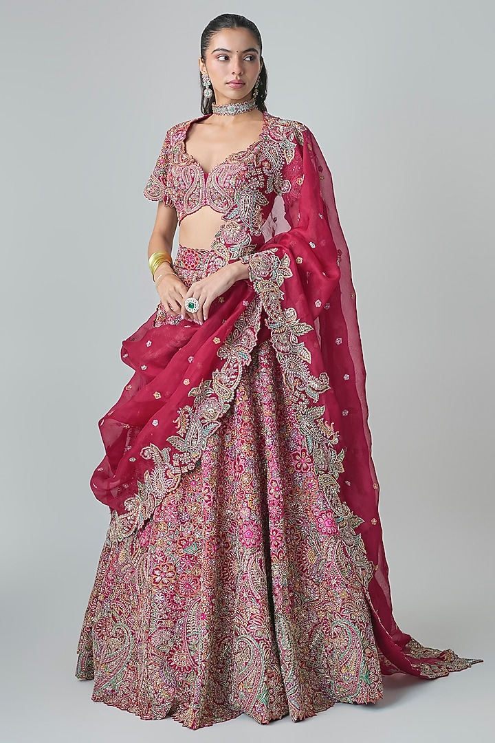 Red Raw Silk Zardosi Embroidered Bridal Lehenga Set by Mrunalini Rao at Pernia's Pop Up Shop