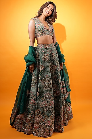 Rama Green Raw Silk Resham & Zardosi Embroidered Lehenga Set by Mrunalini Rao