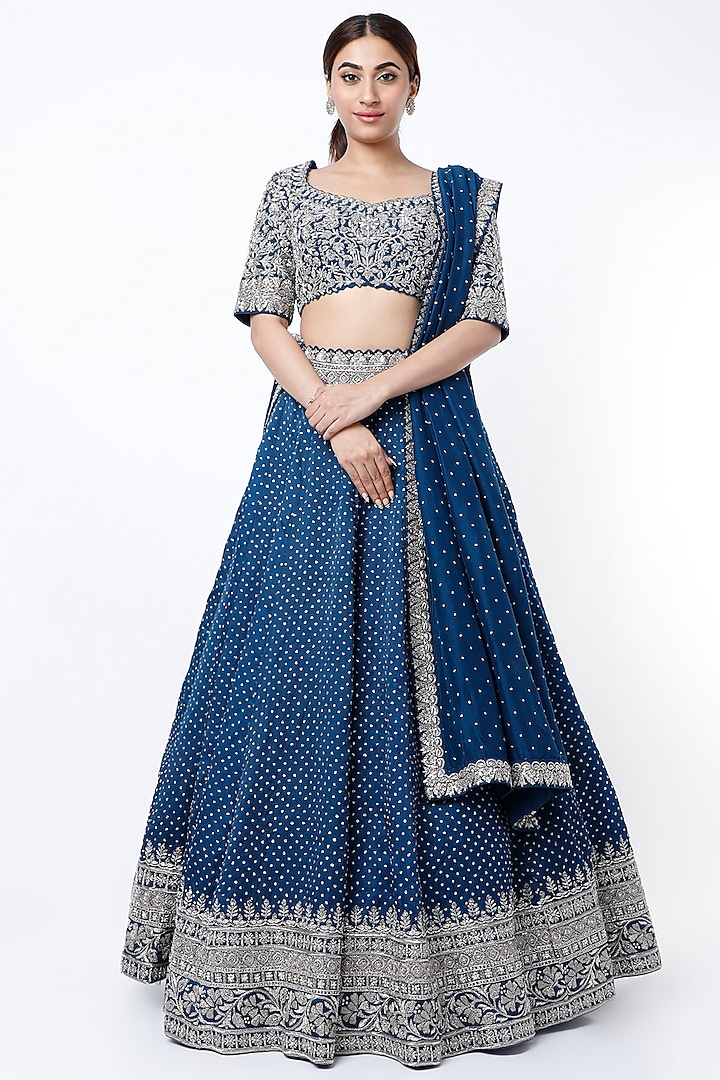 Dark Blue Embroidered Bridal Lehenga Set by Mrunalini Rao at Pernia's Pop Up Shop