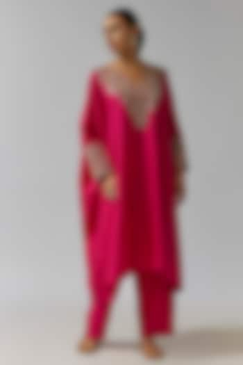 Hot Pink Silk Zardosi Embroidered Cowl kaftan Set by Mrunalini Rao at Pernia's Pop Up Shop