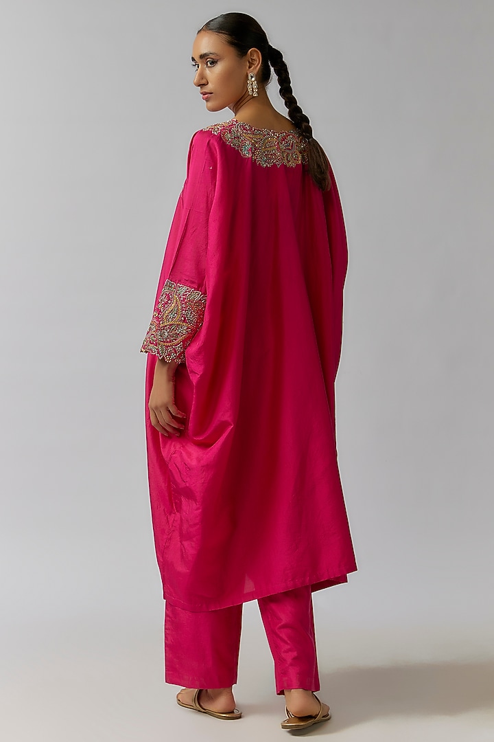 Hot Pink Silk Zardosi Embroidered Cowl kaftan Set by Mrunalini Rao at Pernia's Pop Up Shop