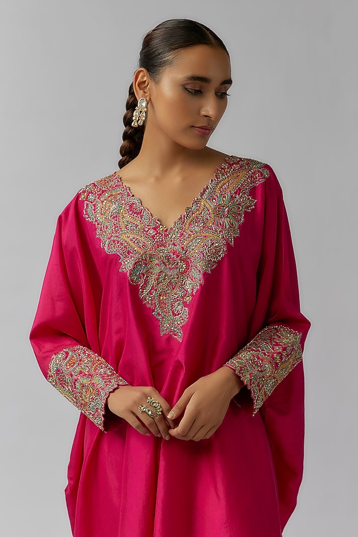 Hot Pink Silk Zardosi Embroidered Cowl kaftan Set by Mrunalini Rao at Pernia's Pop Up Shop