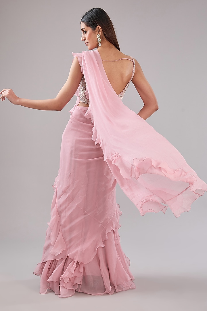 Baby Pink Chiffon Ruffled Reception Lehenga Saree Set by Mrunalini Rao at Pernia's Pop Up Shop