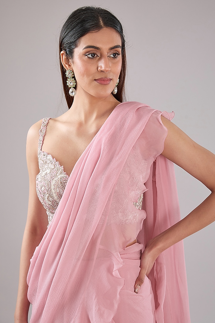 Baby Pink Chiffon Ruffled Reception Lehenga Saree Set by Mrunalini Rao at Pernia's Pop Up Shop